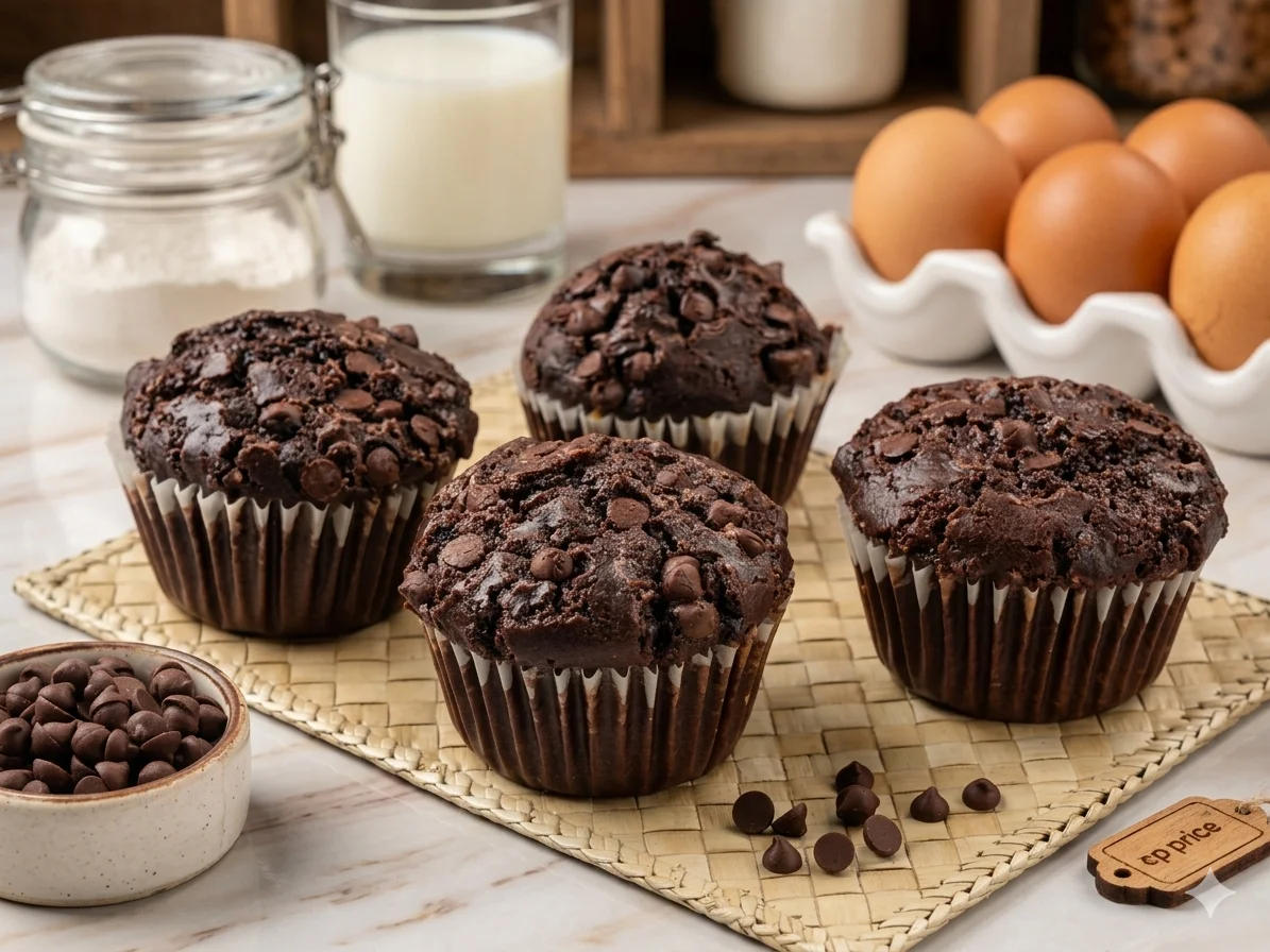 Tres muffins de chocolate con chispas sobre un tapete de palma, acompañados de un tazón con chispas y huevos al fondo.