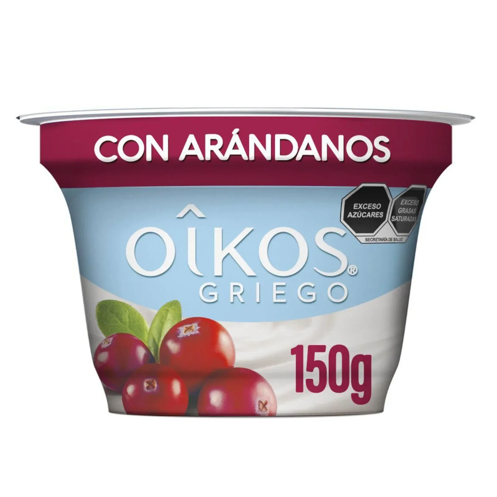 Envase de yoghurt griego Oikos de 150g sabor arándano sobre fondo blanco.