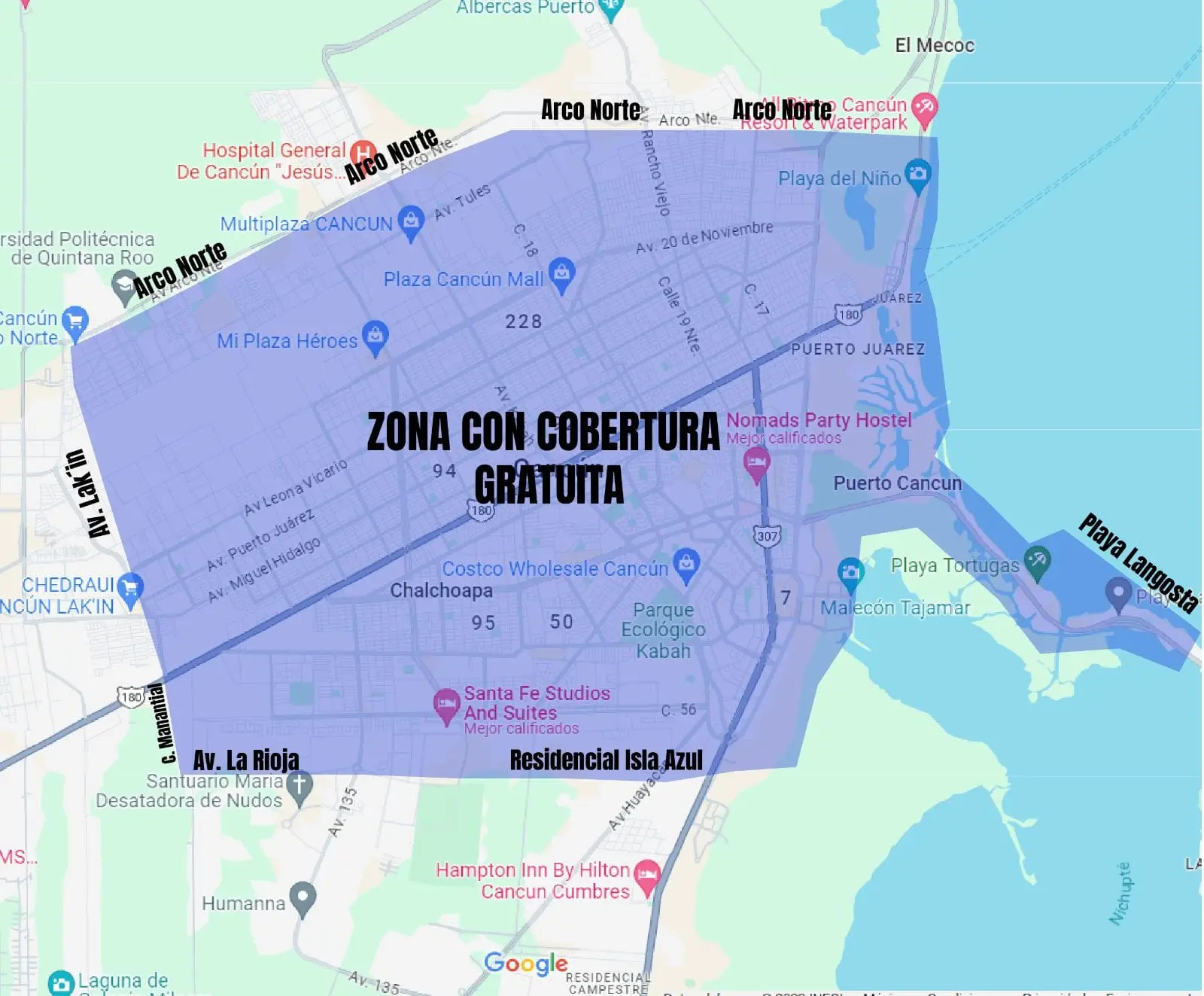 Mapa de la zona azul con envío gratis en Cancún