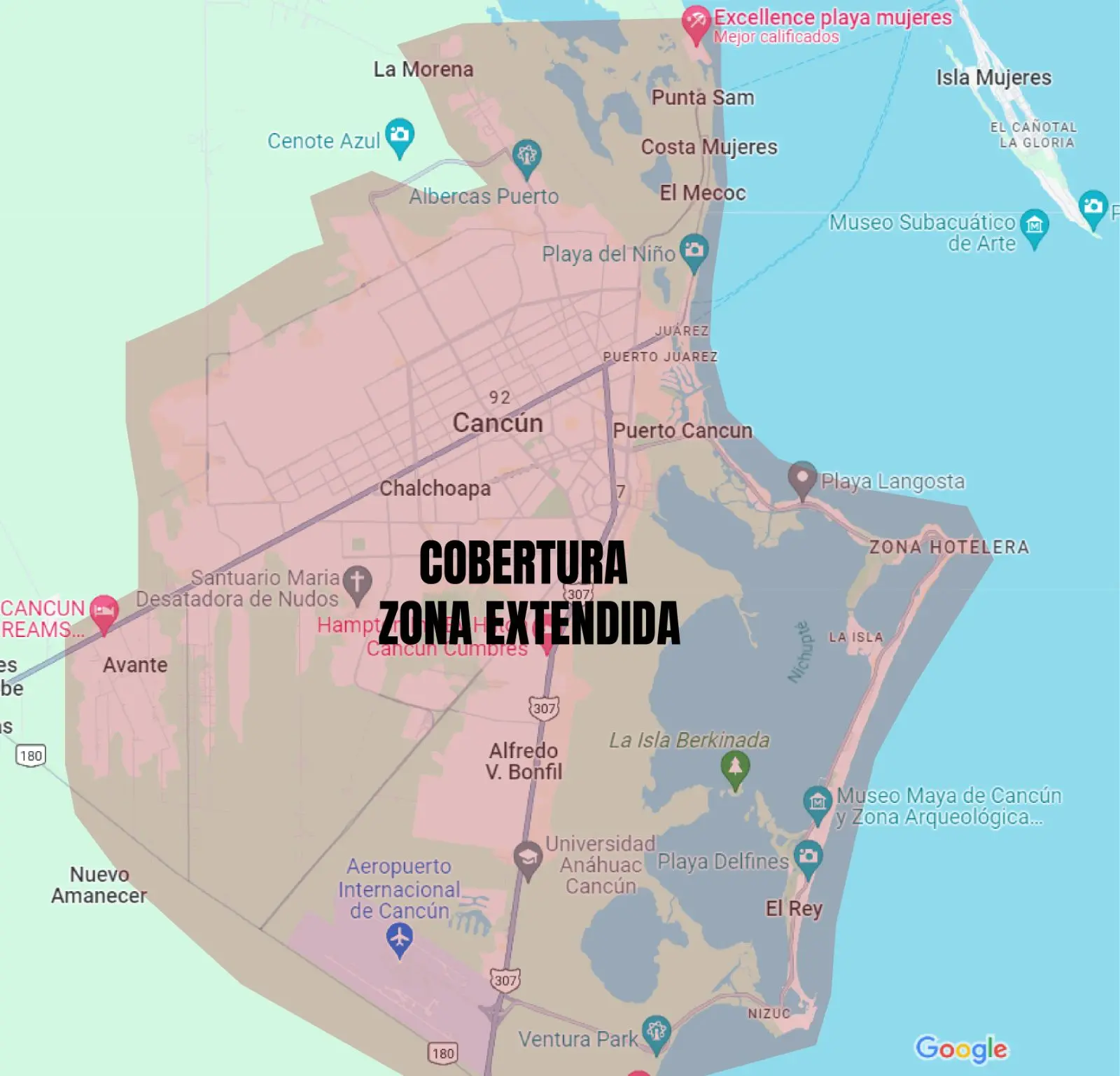 Mapa de la zona roja con envío con costo adicional